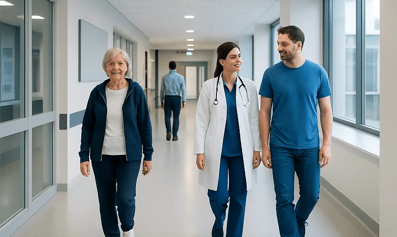 Healthcare professionals walking in hospital corridor with patient and staff.