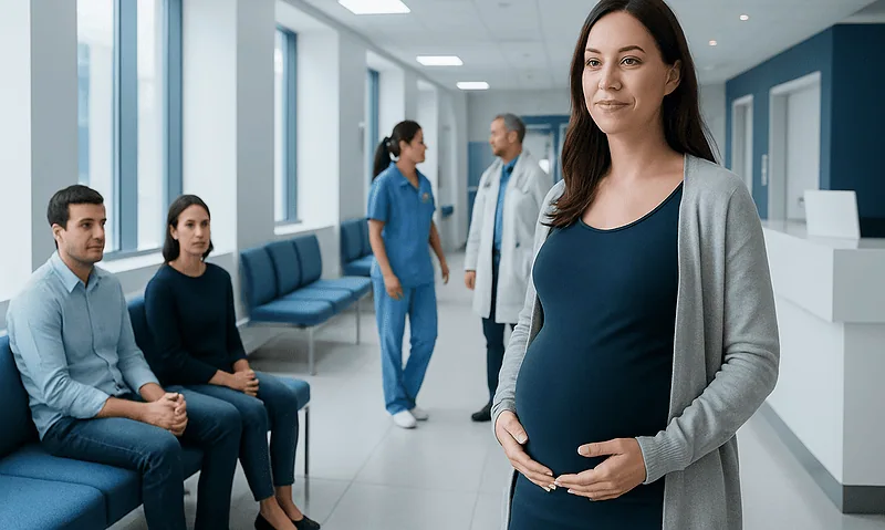Pregnant woman waiting at Acibadem Hospital with medical staff nearby.