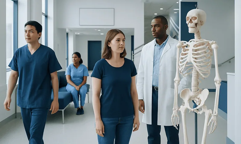 Medical professionals and a patient in a hospital corridor with a skeleton model.