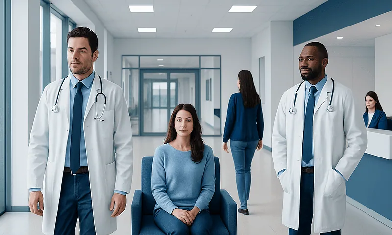 Medical professionals and patient in hospital corridor at Acibadem Hospitals Group.