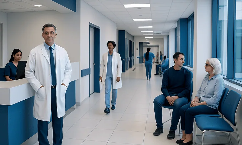Doctors and patients in a modern hospital corridor.