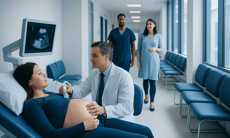 Pregnant woman having ultrasound exam in hospital corridor with medical staff.