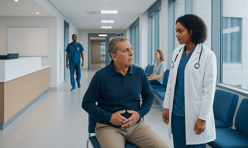 Doctor consulting a male patient in a hospital corridor.