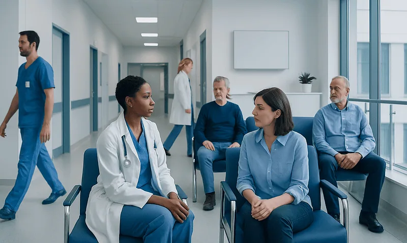 Medical consultation in hospital corridor with diverse healthcare professionals and patients.