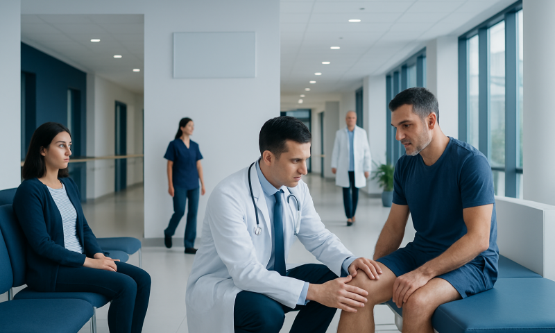 Doctor examining a patient's knee in a modern hospital corridor.