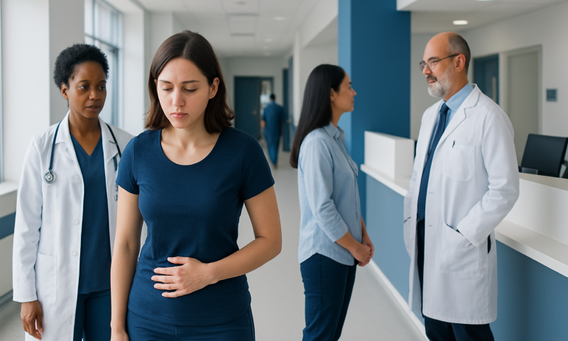 Young woman experiencing abdominal pain in hospital corridor with medical staff nearby.