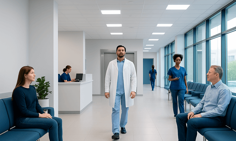 Modern hospital waiting area with patients and medical staff.