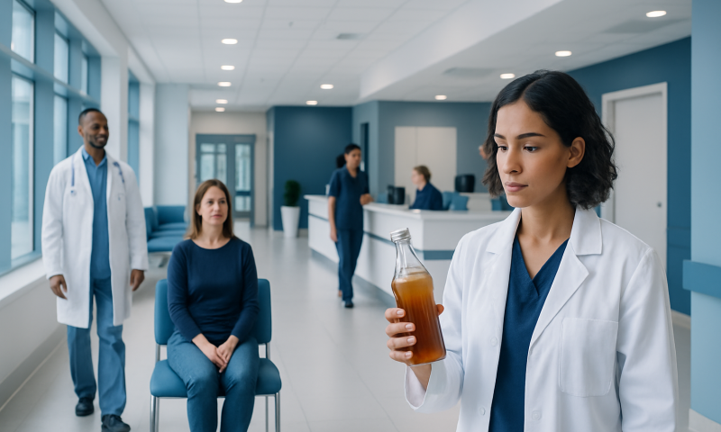 Medical professionals examining a patient in a hospital corridor.