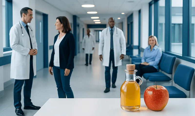 Medical team discussing in hospital corridor with apple cider vinegar and apple on table.
