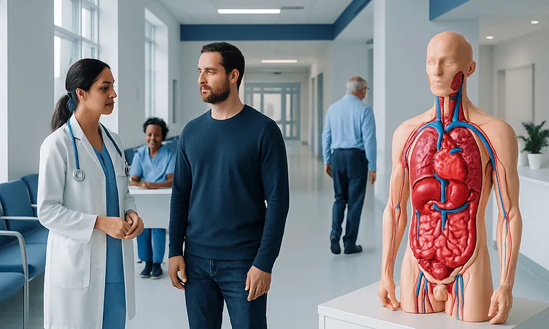 Medical consultation with a human anatomy model in a hospital corridor.