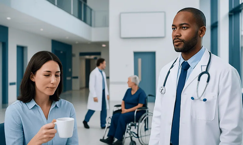 Healthcare professionals and patient in a modern hospital setting.