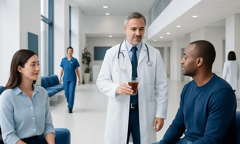 Doctor discussing with patients in hospital corridor.