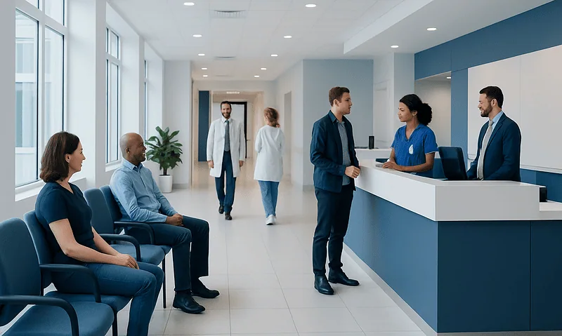 Hospital reception area with staff and patients in a modern healthcare facility.