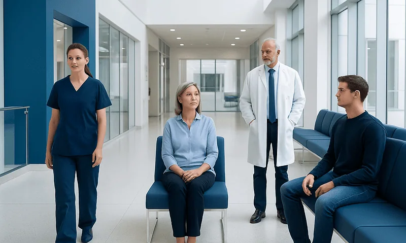 How Much Collagen Per Day? A Doctor-Reviewed Answer 9 Medical consultation in a modern hospital corridor with healthcare professionals and patients.