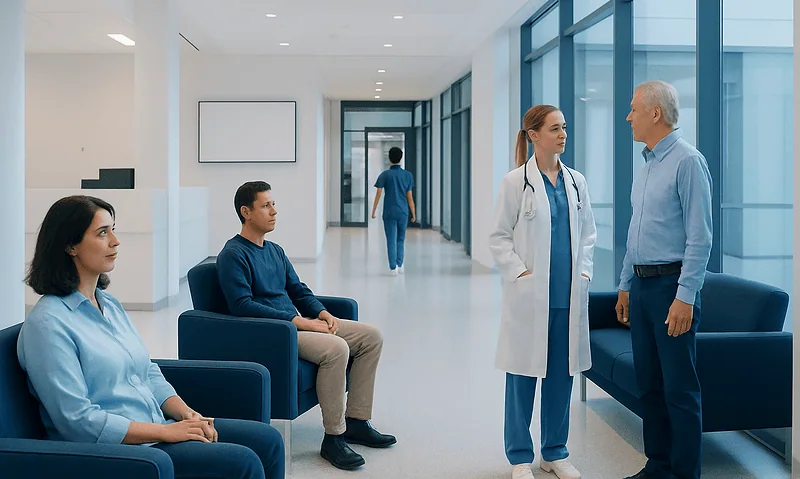 Hospital waiting area with patients and medical staff engaging in conversation.