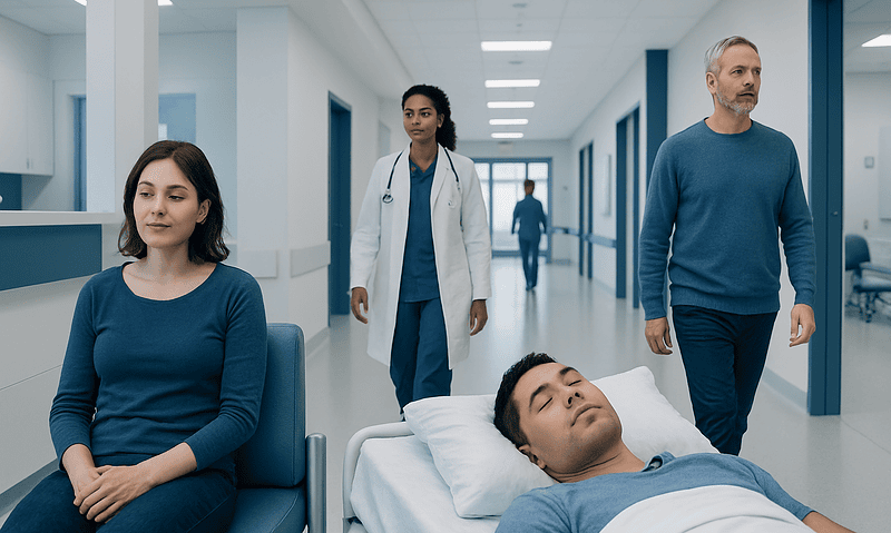 Patients and medical staff in a hospital corridor with a patient resting in bed.