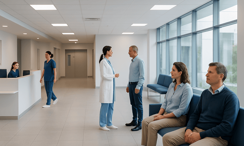 Modern hospital waiting area with patients and staff engaging in conversation.