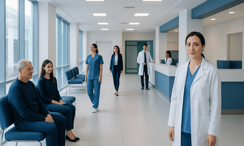 Healthcare professionals and patients in a modern hospital corridor.