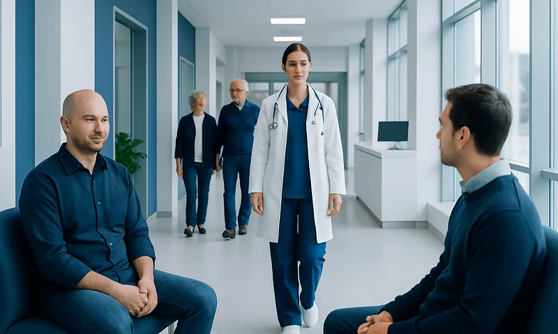 Medical consultation in a modern hospital corridor with doctor and patients.