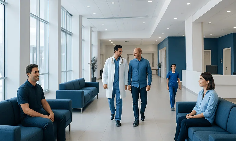 Modern hospital lobby with patients and staff in a bright, spacious setting.