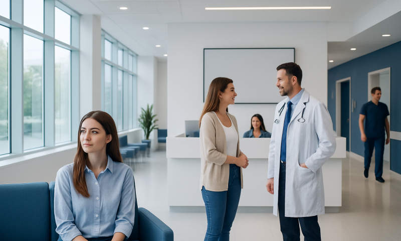 Medical consultation at Acibadem Hospital with doctor and patients.