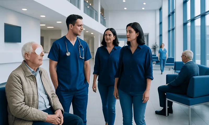 Medical team consulting with elderly patient in hospital lobby.