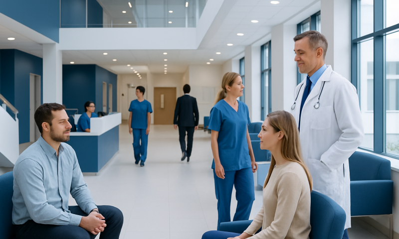 Medical consultation at Acibadem Hospital with doctor and patients.