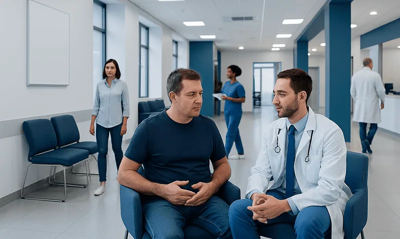 Doctor consulting with patient in a modern hospital corridor.