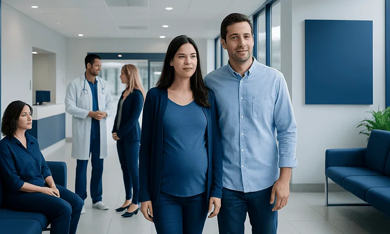 Happy couple at Acibadem Hospital for fertility treatment consultation.