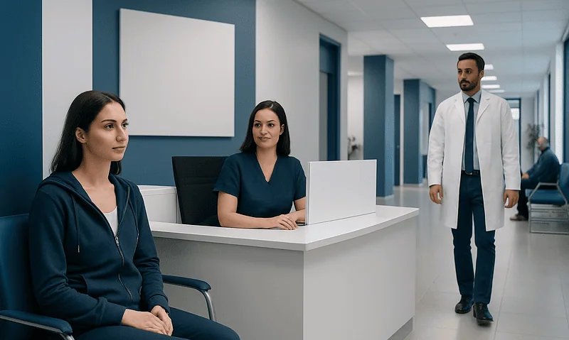Patients waiting in a modern hospital reception area with medical staff present.
