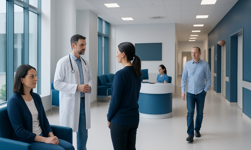 Medical consultation at Acibadem Hospital with doctor and patients.