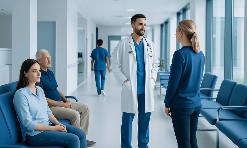 Medical consultation at Acibadem Hospital with doctor and patients.