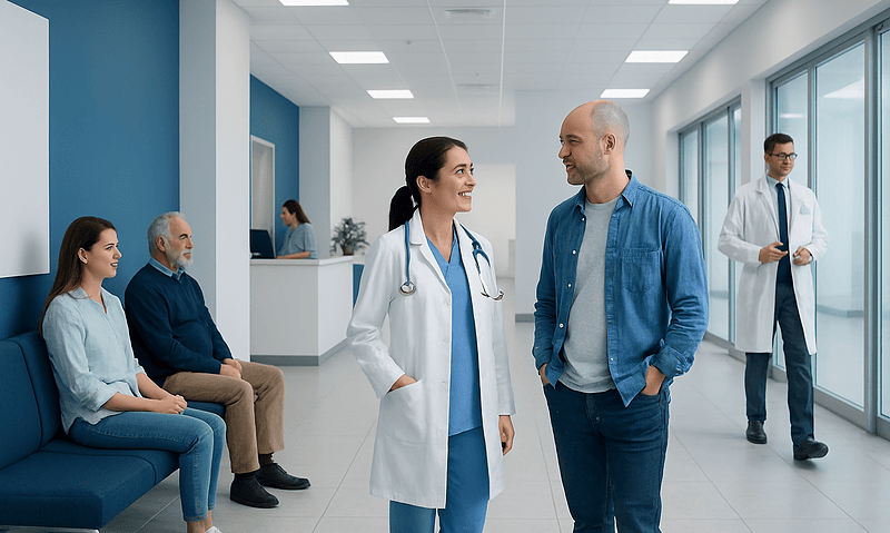 Medical consultation at Acibadem Hospital with doctors and patients.