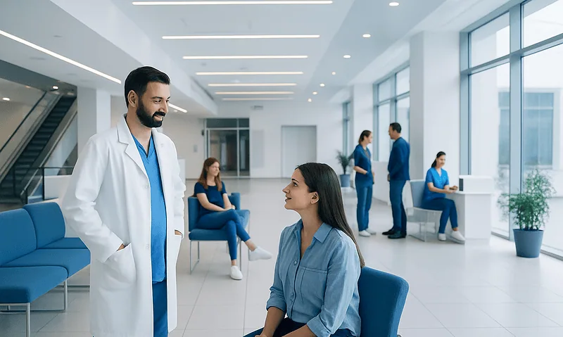 Dentist consulting a patient in a modern hospital lobby.