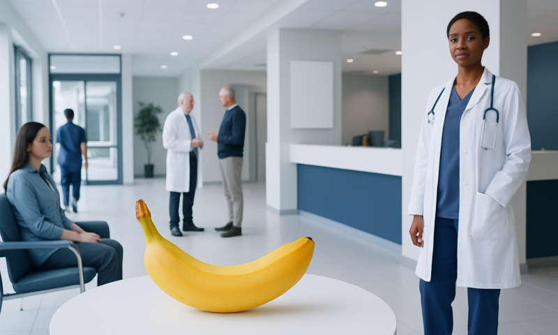Banana on a table in a hospital waiting area with medical staff and patients.