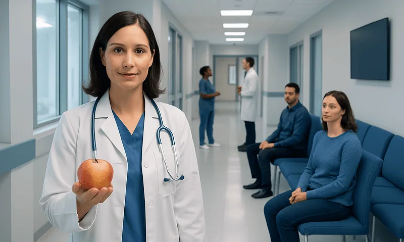 Doctor holding an apple in a hospital corridor with patients and staff.