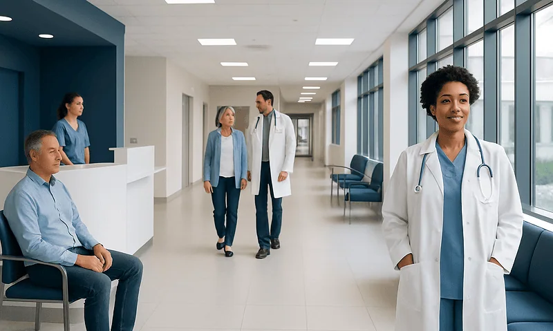 Healthcare professionals and patients in a modern hospital corridor.
