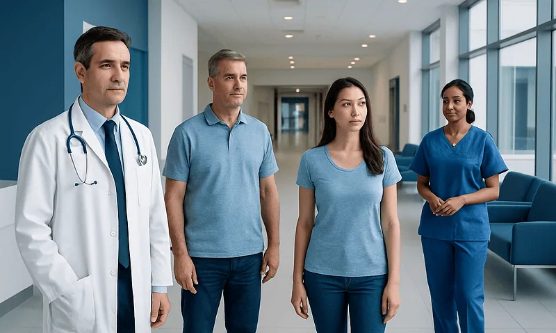 Medical team in hospital corridor with doctor and nurses.