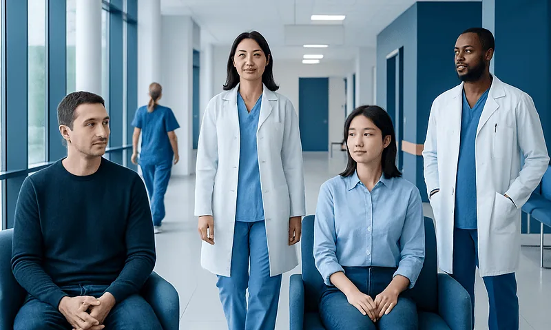 Medical team consulting with patients in hospital corridor.