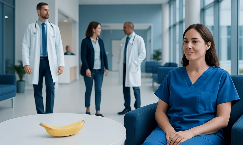 Young female nurse in blue scrubs sitting in hospital lobby with banana on table.