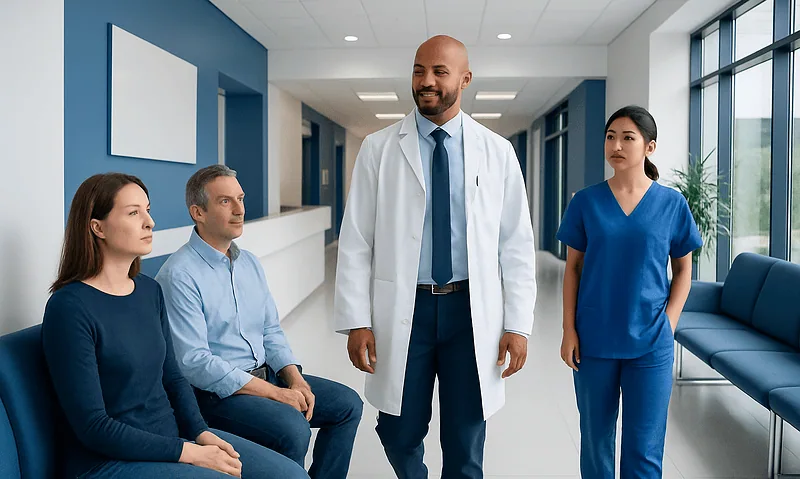 Doctor consulting with patients in hospital corridor.