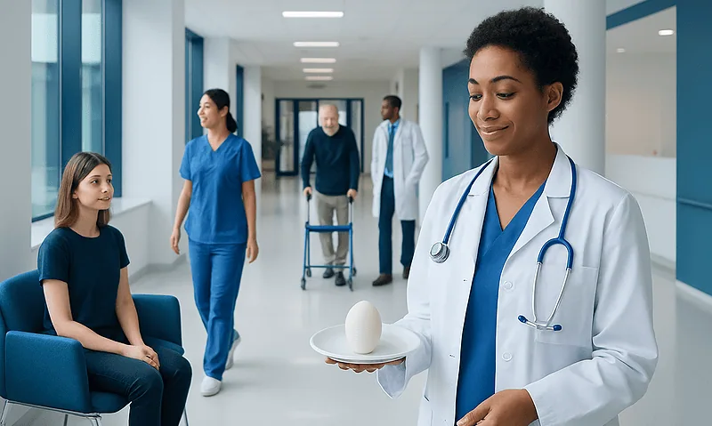 Doctor presenting an egg to a young patient in a hospital corridor.