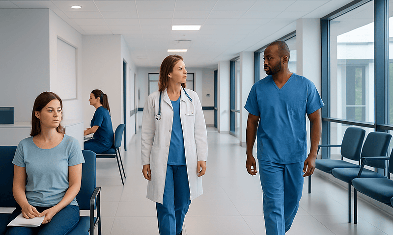 Healthcare professionals and patients in a hospital corridor.