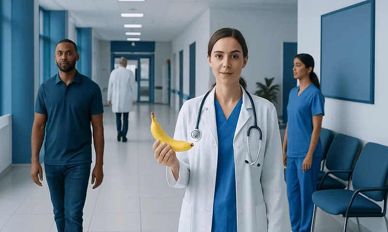 Healthcare professionals in a hospital corridor with a female doctor holding a banana.