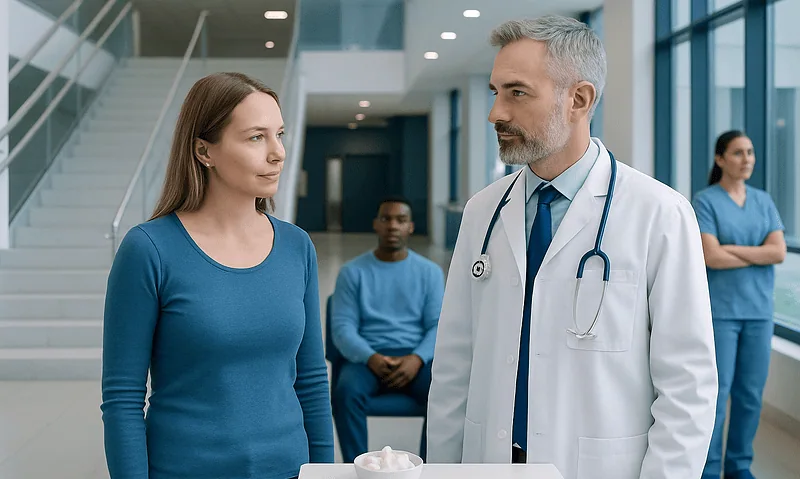 How Much Sugar Per Day? A Doctor-Reviewed Answer 14 Doctor discussing health with a woman in a hospital corridor.