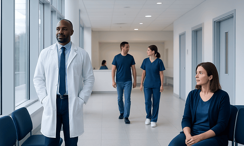 Medical professionals in a hospital corridor with large windows and seating area.