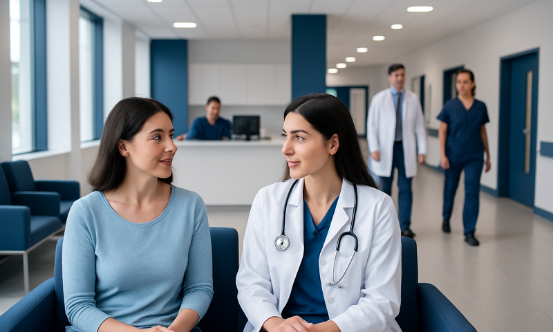 Female doctor consulting with a young female patient in a hospital waiting area.
