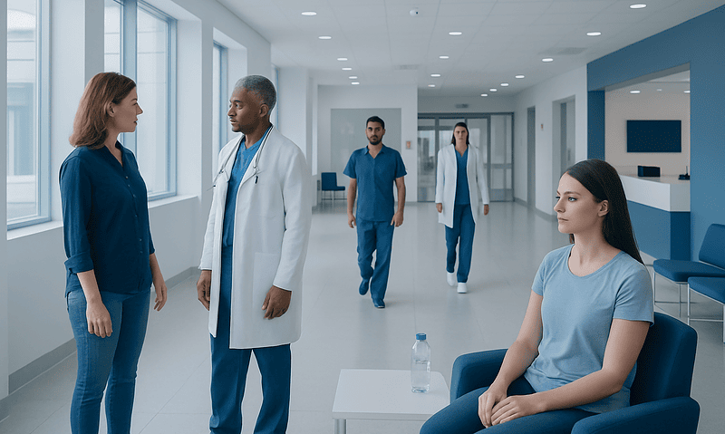 Medical team discussing patient care in a modern hospital corridor.