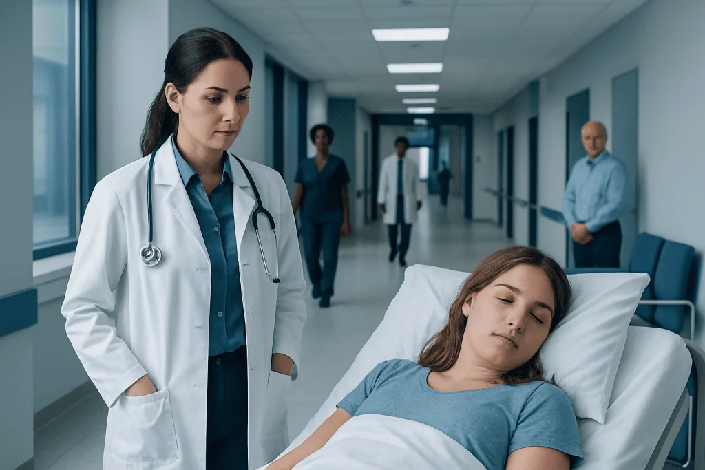 Multiple Sclerosis and Sleep Problems: Fatigue, Restless Legs, and Nighttime Symptoms 1 Young woman resting in hospital bed with medical staff nearby.