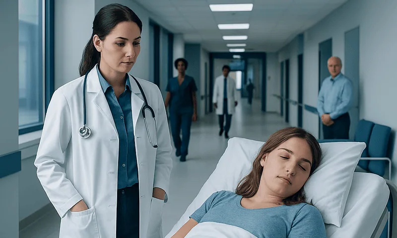 Young woman resting in hospital bed with medical staff nearby.